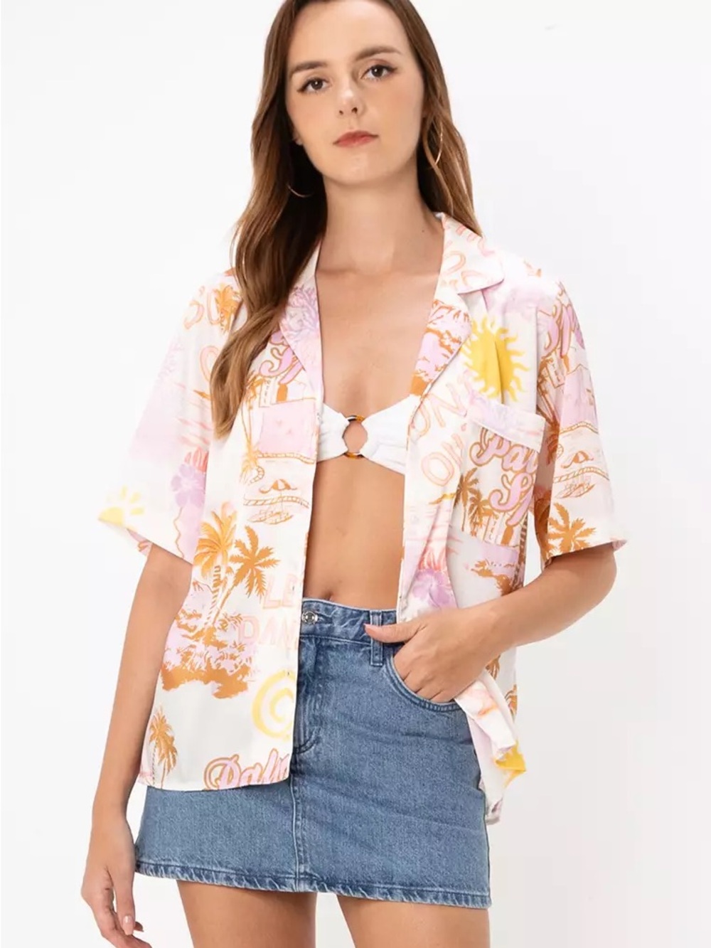 ASOS Satin Tropical Button-Down Shirt in Yellow, Pink & Cream Size 8